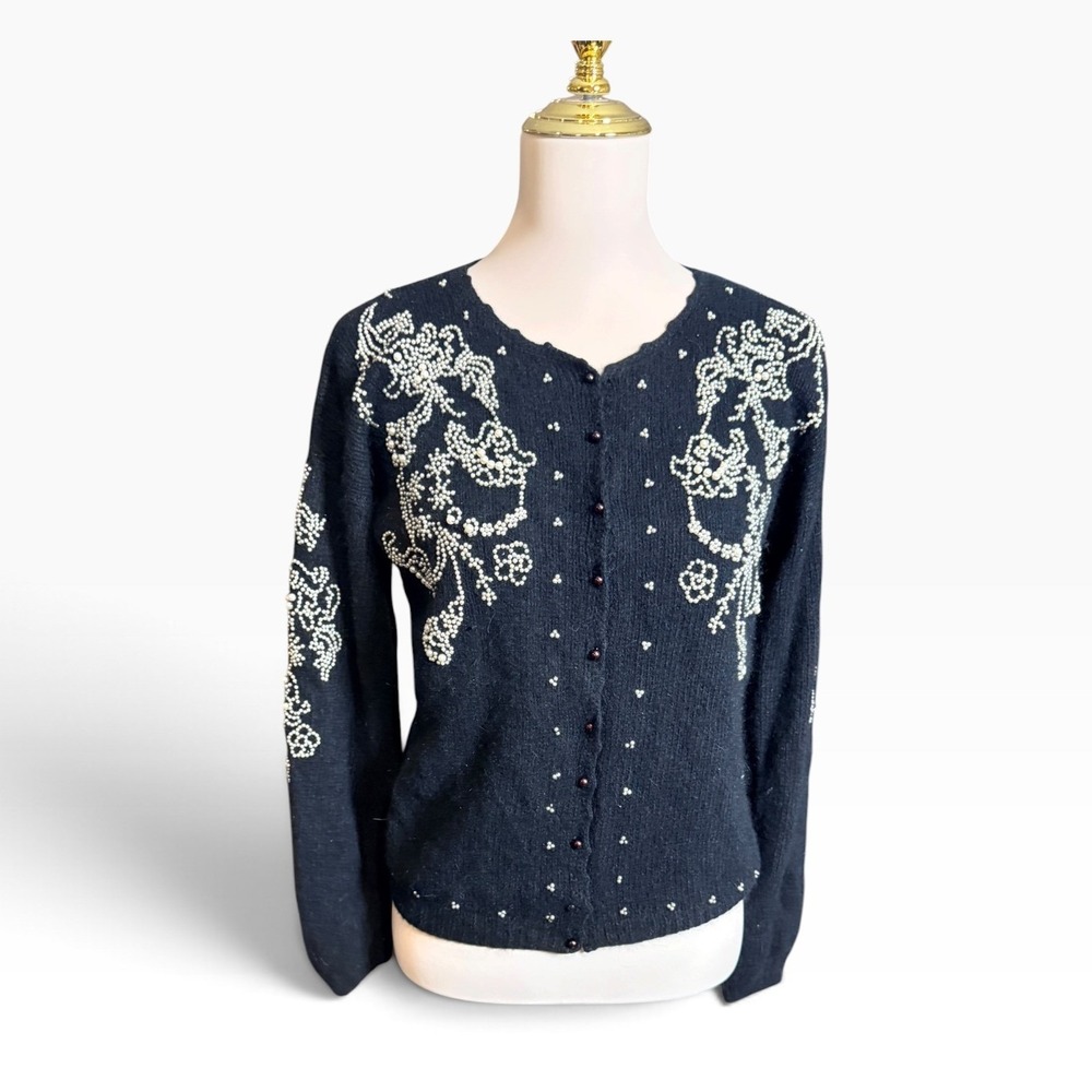 Needleworks 1989 Vintage Black Pearl Embellished Floral Knit Cardigan Sweater